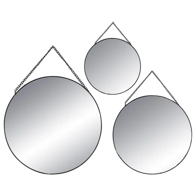 Set de 3 miroirs ronds avec chaîne en métal