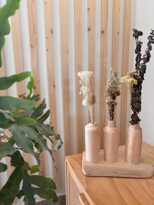 Vase en bois + bouquet fleurs séchées 