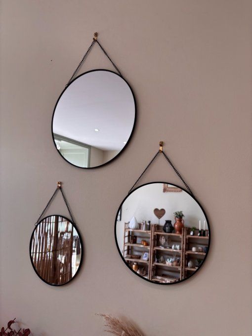 Set de 3 miroirs ronds avec chaîne en métal